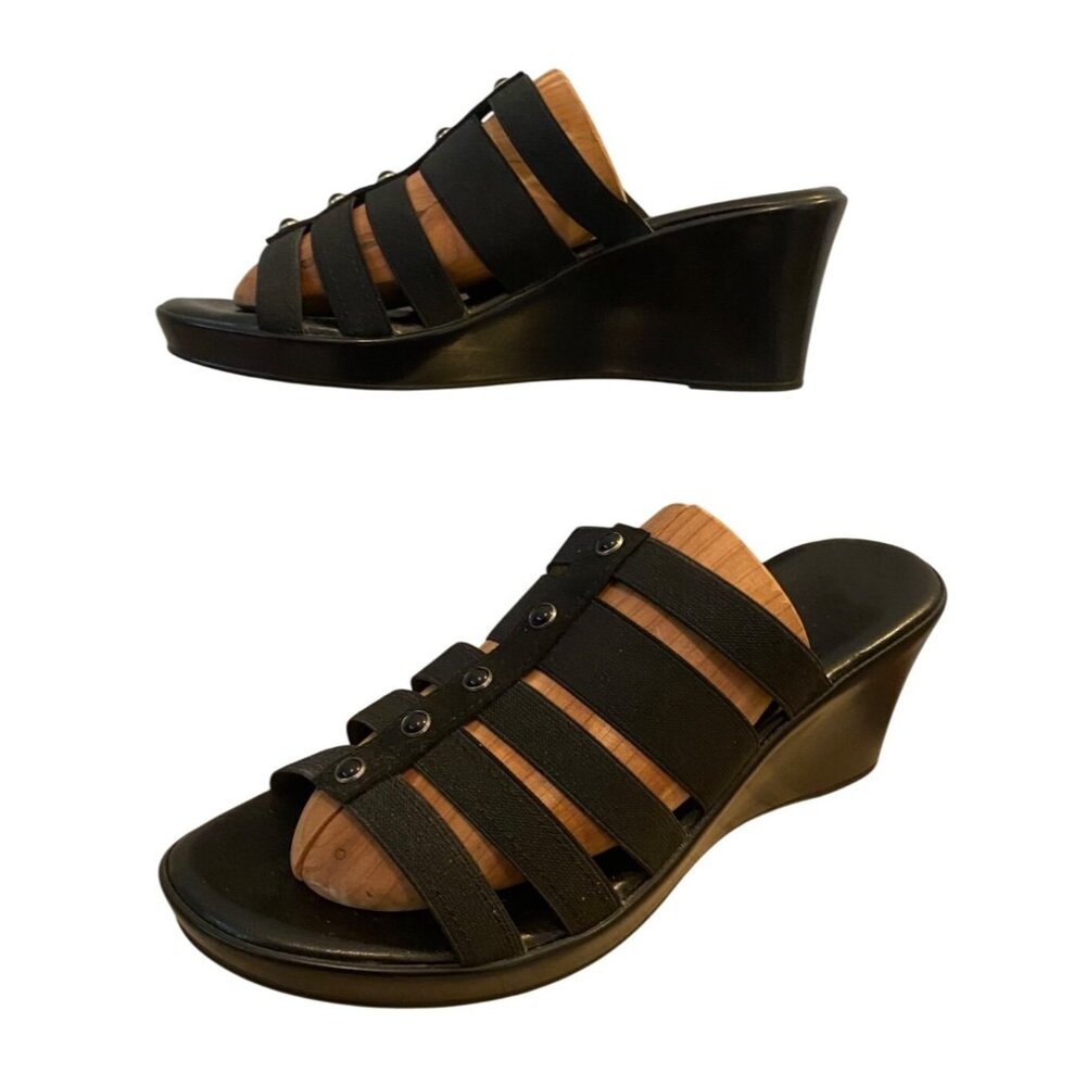 Italian Shoemakers Black Strappy Slide-On Wedges Button Accents Size 7